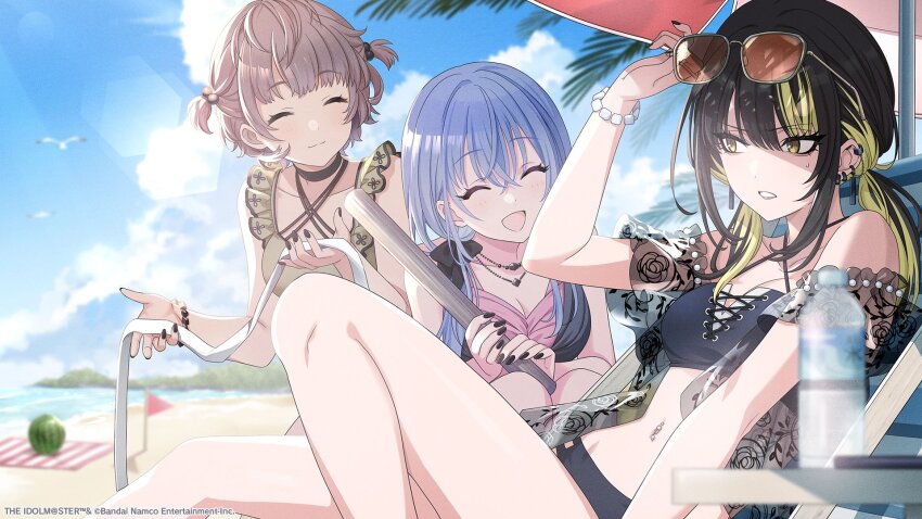 3girls, beach, bird, black_hair, black_nails, blonde_hair, blue_hair, blue_sky