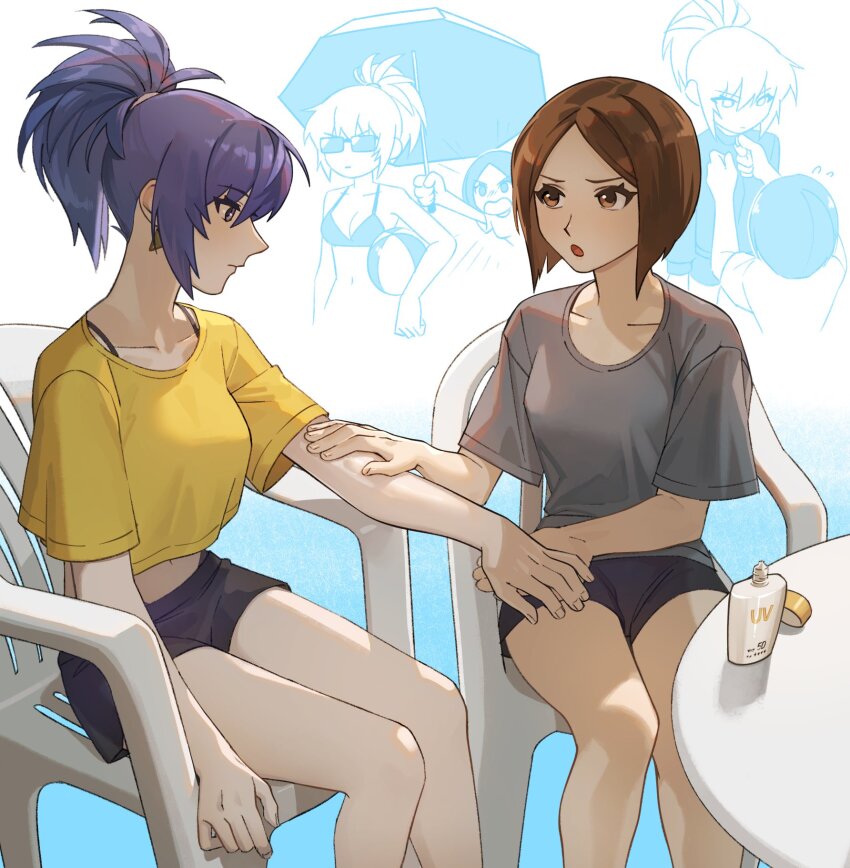 00a3af_231, 2girls, applying_sunscreen, beach_chair, beach_umbrella, blue_eyes, blue_hair, brown_hair