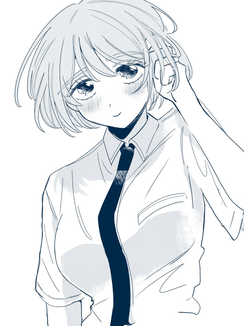 1girl, blush, breasts, closed_mouth, collared_shirt, commentary_request, dos_i2525, futsuu_no_keion-bu