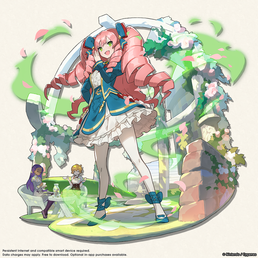 3girls, becky_(dragalia_lost), blonde_hair, blue_dress, blue_shoes, breasts, catherine_(dragalia_lost), closed_eyes, cup, dragalia_lost, dress, drill_hair, eating, garden, green_eyes, holding, holding_cup, large_breasts, long_hair, medium_breasts, multiple_girls, official_art, ojou-sama_pose, open_mouth, pantyhose, purple_hair, purple_pantyhose, purple_shoes, saitou_naoki, shoes, short_hair, skirt, table, tea, white_pantyhose, white_skirt