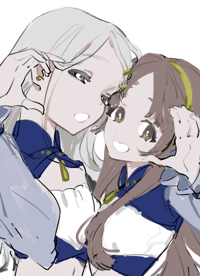 2girls, blue_shirt, broken_heart_hands, brown_eyes, brown_hair, cleavage_cutout, clothing_cutout, cropped_shirt