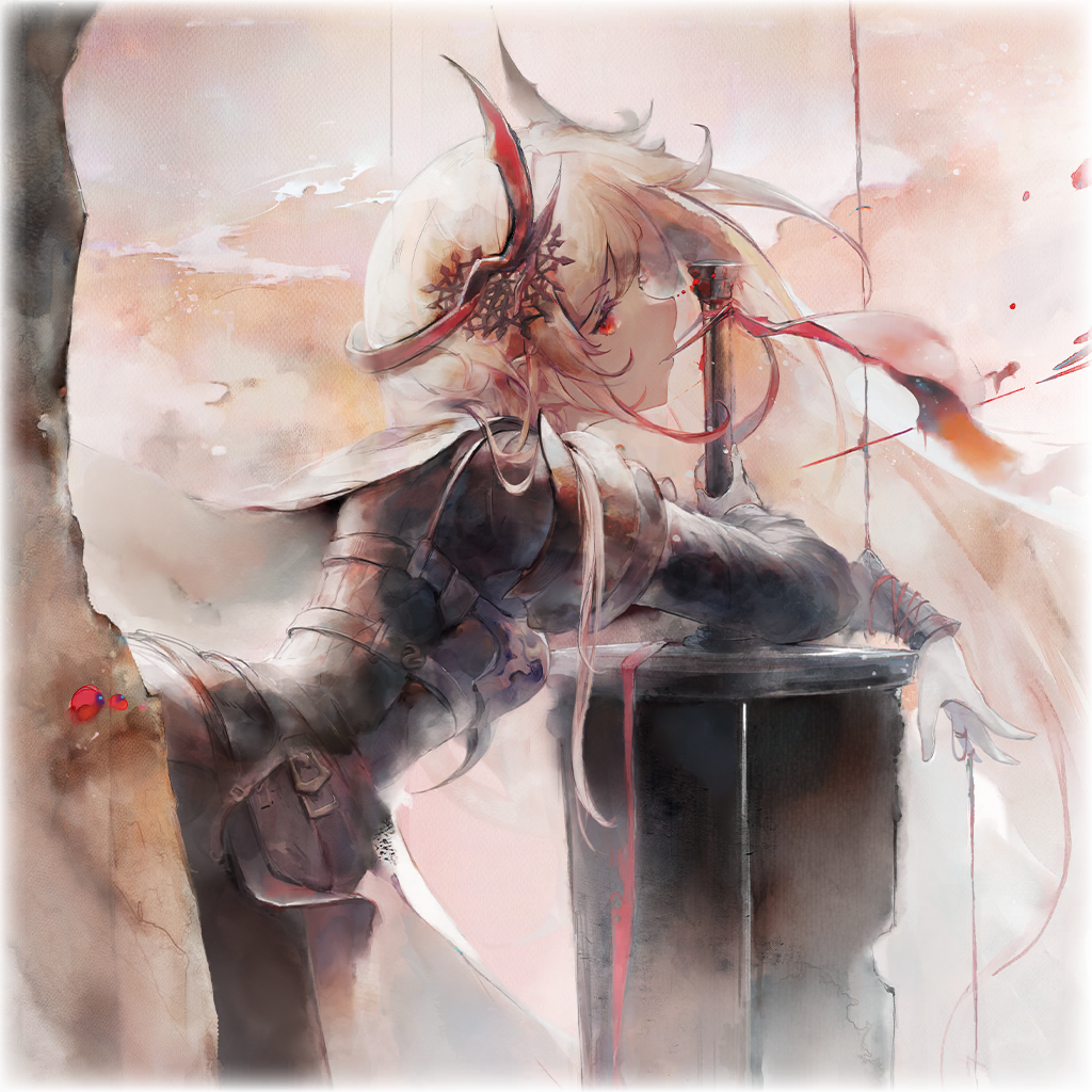 1girl, against_wall, armor, artist_request, belt, belt_buckle, black_belt, blonde_hair, blood, blood_spray, breastplate, buckle, cape, chest_belt, cloud, cloudy_sky, collared_cape, crossed_arms, expressionless, eyelashes, game_cg, high_collar, holding, holding_sword, holding_weapon, huge_weapon, iris_(mementomori), leaning_forward, long_hair, mementomori_(game), multiple_belts, non-web_source, official_art, outdoors, red_eyes, self-datamine, sky, solo, sunset, sword, very_long_hair, weapon, white_cape