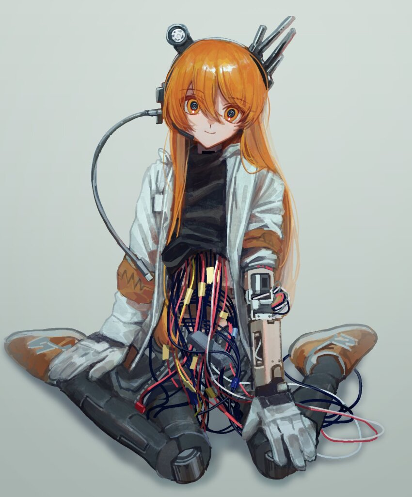 1girl, a.i._voice, adachi_rei, android, artificial_eye, asymmetrical_sleeves, black_shirt, cable, clothes_lift, gloves, grey_background, hand_on_own_knee, hand_on_own_leg, head_tilt, headlamp, headset, highres, jacket, joints, kirihi_ko, lens_eye, long_hair, looking_at_viewer, mechabare, single_mechanical_eye, open_clothes, open_jacket, orange_eyes, orange_hair, radio_antenna, robot_girl, robot_joints, shirt, shirt_lift, shoes, simple_background, sitting, sleeve_rolled_up, smile, sneakers, solo, tangled_cord, uneven_sleeves, usb_cable, utau, wariza, white_gloves, white_jacket