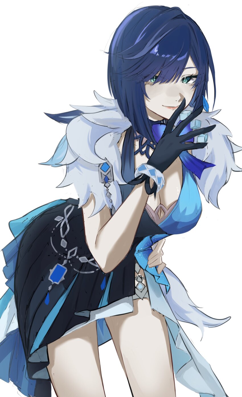 1girl, absurdres, blue_background, blue_dress, blue_hair, breasts, cleavage, closed_mouth