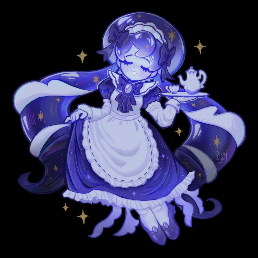 1girl, :d, apron, ascot, black_ascot, black_background, black_bow, black_hat, black_shoes, blue_dress, bow, breasts, brooch, buttons, closed_eyes, colored_skin, commentary, cookie_run, cookie_run:_kingdom, cup, didy414, dress, english_commentary, facing_viewer, frilled_apron, frilled_dress, frilled_jellyfish_cookie, frilled_jellyfish_cookie_(friendly_hotel_maid), frills, full_body, grey_skin, grin, hair_bow, hat, headdress, high_heels, highres, holding, holding_own_dress, holding_plate, humanization, jewelry, layered_sleeves, long_dress, long_hair, long_sleeves, low_twintails, maid, maid_apron, maid_headdress, official_alternate_costume, official_alternate_hair_color, official_alternate_hairstyle, open_mouth, plate, puffy_short_sleeves, puffy_sleeves, shirt, shoes, short_over_long_sleeves, short_sleeves, simple_background, small_breasts, smile, socks, solo, sparkle, star_(symbol), teacup, teapot, twintails, u_u, very_long_hair, white_apron, white_headdress, white_shirt, white_socks
