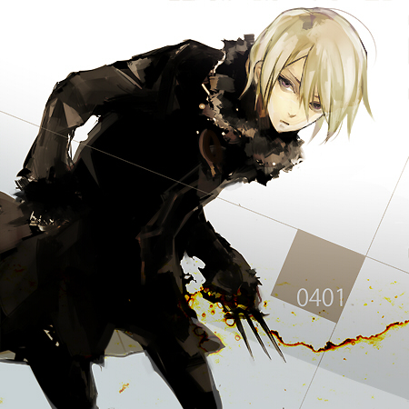 1boy, axis_powers_hetalia, belarus_(hetalia), belarus_(male)_(hetalia), blonde_hair, blood, fur_trim, genderswap, genderswap_(ftm), hand_on_own_hip, hip_focus, jacket, knife, leaning, lowres, male_focus, pants, purple_eyes, sagajima_(torikng), short_hair, solo, text_focus, weapon