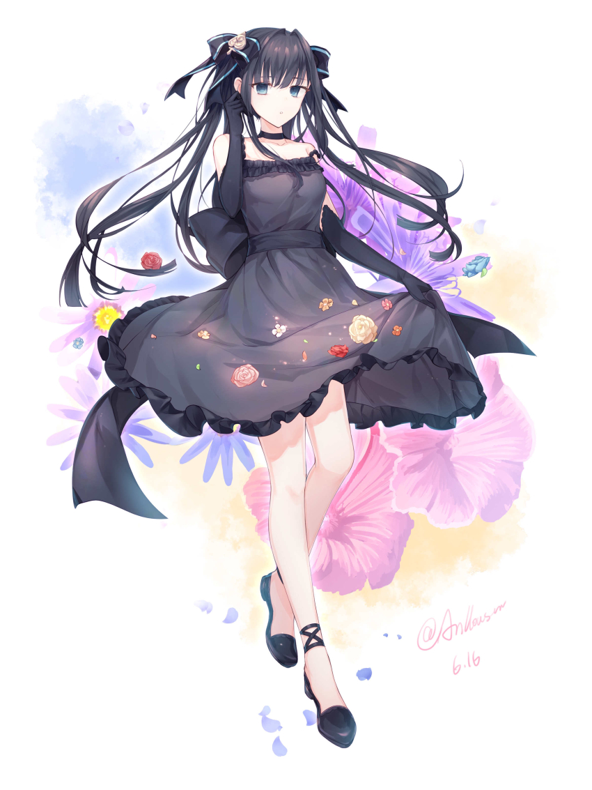 1girl, :o, absurdres, anllouser, arcaea, artist_name, back_bow, black_dress