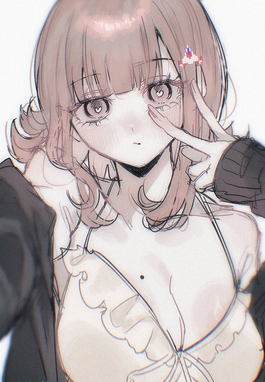 1girl, bikini, black_jacket, blunt_bangs, breasts, brown_hair, cleavage, collarbone