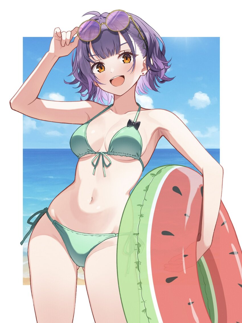 1girl, adjusting_eyewear, ahoge, alternate_costume, armpits, beach, bikini, border