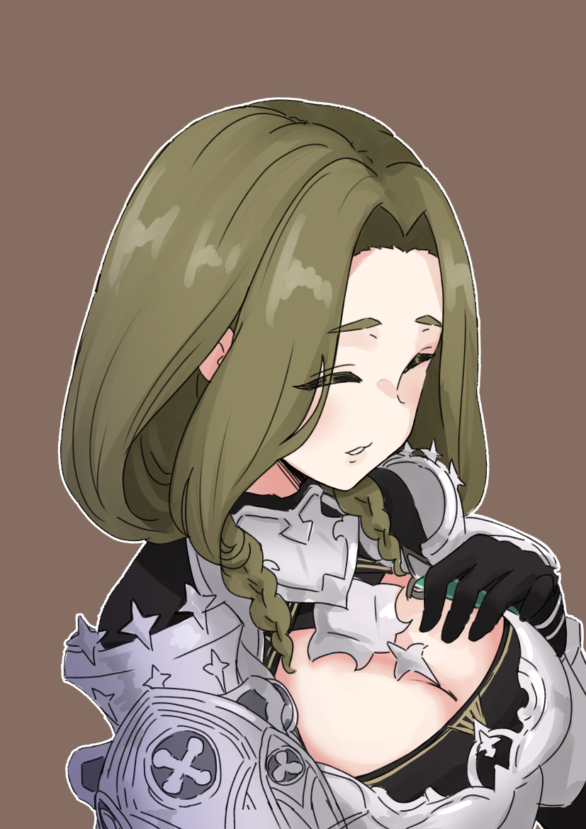 1girl, armor, black_gloves, braid, breasts, cleavage, gauntlets, gloves