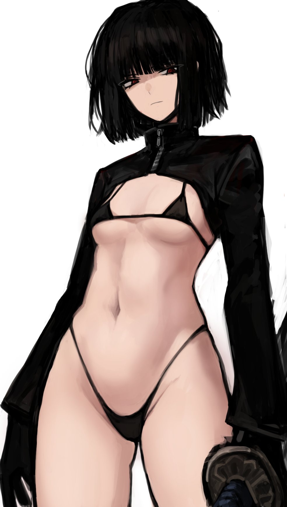 1girl, badnick69_(camchi), black_hair, groin, highres, katana, limbus_company, navel