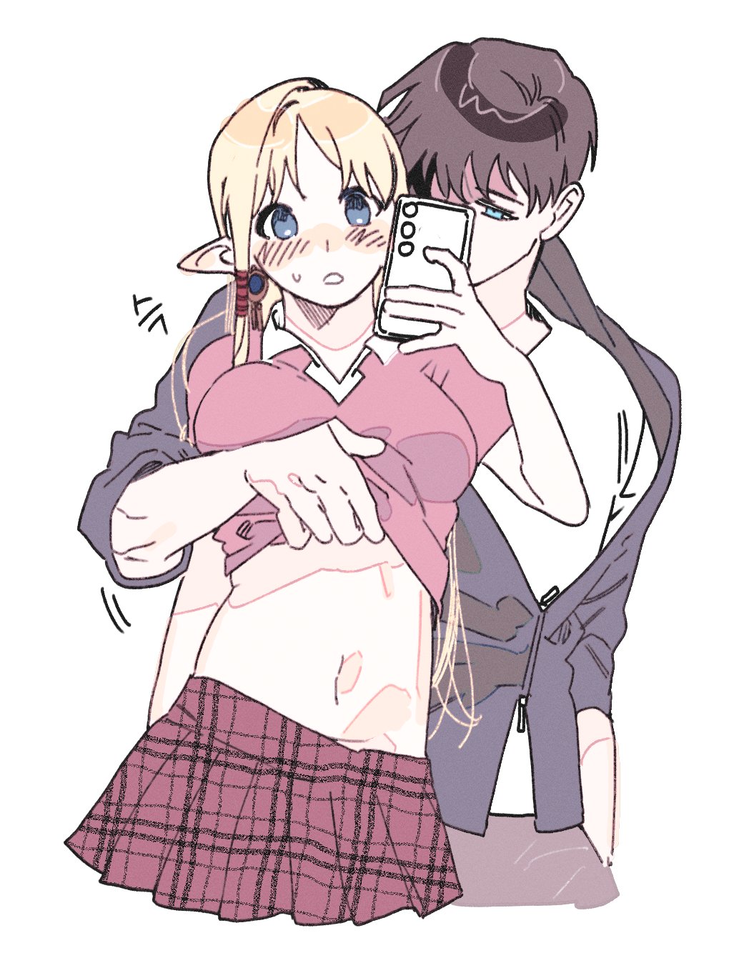 100_yeol, 1boy, 1girl, blonde_hair, blue_eyes, couple, elf, highres, mabinogi, navel, plaid_clothes, plaid_skirt, player_character_(mabinogi), pointy_ears, polo_shirt, portia_(mabinogi), pulling_another's_clothes, skirt, white_background