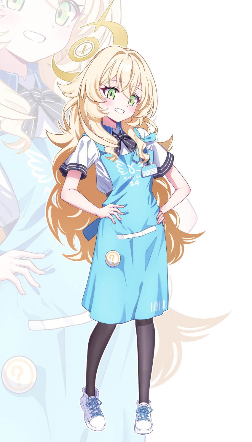 1girl, absurdres, alternate_costume, angel's_24_uniform_(blue_archive), apron, black_bow, black_bowtie, black_pantyhose