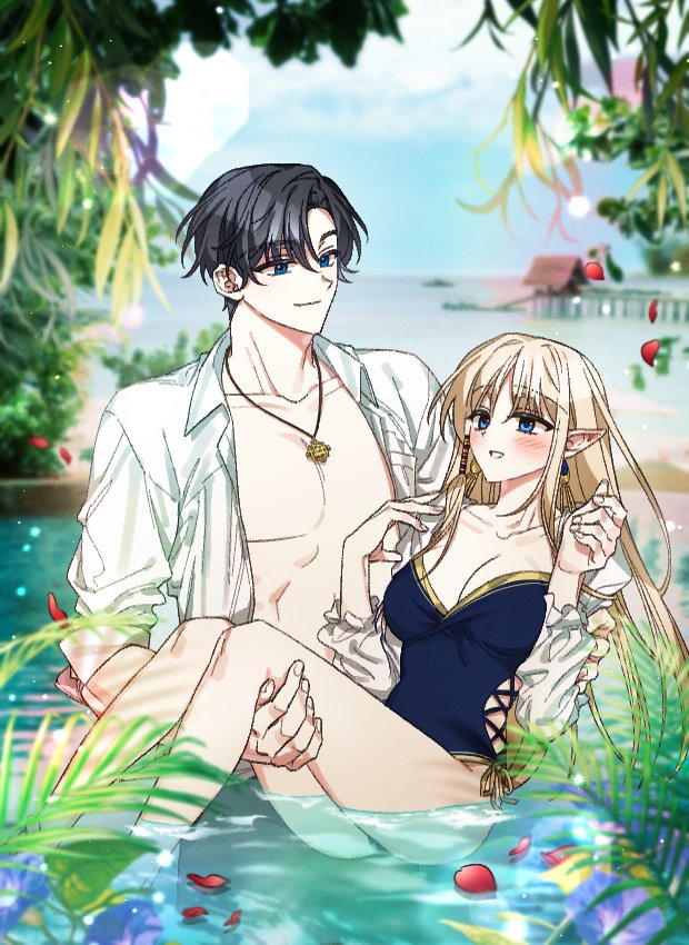 100_yeol, 1boy, 1girl, blonde_hair, blue_eyes, carrying, couple, looking_at_another, mabinogi, outdoors, player_character_(mabinogi), portia_(mabinogi), princess_carry, swimsuit, water