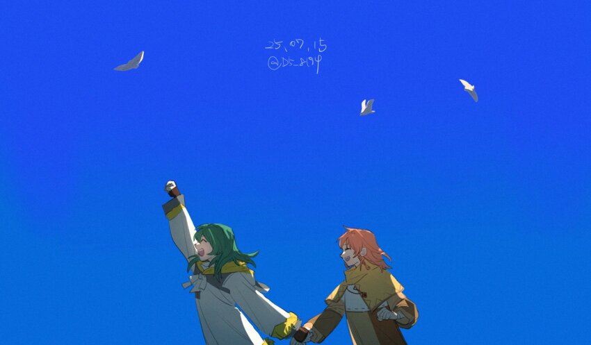 2girls, bird, d5_8194, green_hair, hand_up, happy, holding_hands, long_sleeves