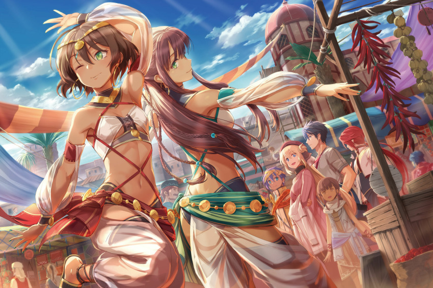 4boys, 5girls, :d, ;), aaron_wei, agnes_claudel, apple, arm_up, ass, bandana, black_panties, blonde_hair, blue_eyes, blue_gem, blue_hair, blue_sky, bra, breasts, brown_eyes, brown_hair, cleavage, dancing, day, detached_collar, dress, dutch_angle, earrings, eiyuu_densetsu, feri_al-fayed, floating_hair, food, fruit, gem, green_eyes, green_nails, grey_shirt, groin, hair_between_eyes, hair_ornament, harem_outfit, harem_pants, hawaiian_shirt, highres, hoop_earrings, jewelry, kuro_no_kiseki_(series), kuro_no_kiseki_i, long_hair, looking_at_another, low_ponytail, medium_breasts, multiple_boys, multiple_girls, nail_polish, navel, official_art, one_eye_closed, open_mouth, outdoors, panties, pants, pink_dress, pink_sweater, ponytail, profile, red_hair, red_shirt, saara_(kuro_no_kiseki), salvatore_goti, see-through_clothes, see-through_sleeves, shaheena_(kuro_no_kiseki), shirt, short_dress, short_hair, short_sleeves, siblings, sisters, sky, small_breasts, smile, sphere_hair_ornament, sweater, sweater_dress, underboob, underwear, van_arkride, very_long_hair, white_bra, yellow_bandana