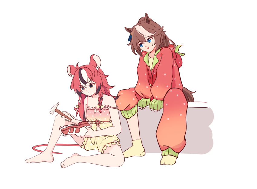2girls, ahoge, animal_ears, arm_support, asymmetrical_legwear, babydoll, barefoot, black_hair, black_streaks, blue_eyes, borrowed_clothes, bow, braid, breasts, brown_hair, concentrating, ear_ornament, ear_ribbon, feet, frown, hair_bow, hakos_baelz, hakos_baelz_(strawberry_onesie), hammer, high_ponytail, highres, holding, holding_hammer, holding_shoes, holding_unworn_clothes, hololive, hololive_english, hood, hooded_pajamas, horse_ears, horse_girl, horse_tail, horseshoe, iennie, long_hair, long_sleeves, looking_at_another, looking_at_object, mouse_ears, mouse_girl, mouse_tail, multicolored_hair, multiple_girls, on_floor, onesie, open_mouth, pajamas, pink_babydoll, polka_dot, polka_dot_shorts, ponytail, red_hair, red_pajamas, serious, shoes, shorts, sitting, sleepwear, socks, strawberry_costume, streaked_hair, sweatdrop, tail, toes, tokai_teio_(umamusume), twin_braids, two-tone_hair, umamusume, unworn_shoes, v-shaped_eyebrows, virtual_youtuber, white_hair, white_streaks, yellow_socks