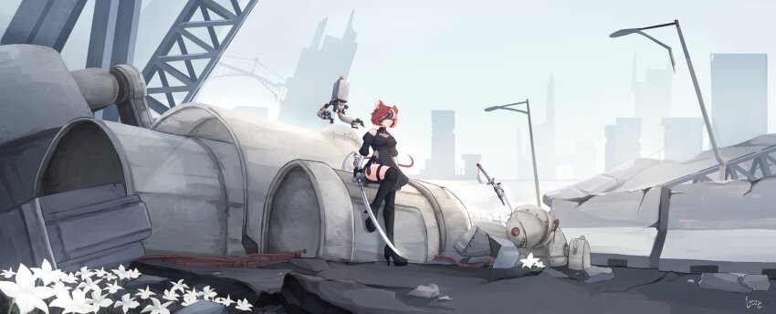 1girl, 2b_(nier:automata), 2b_(nier:automata)_(cosplay), abandoned, absurdres, animal_ears, asymmetrical_legwear, bare_shoulders