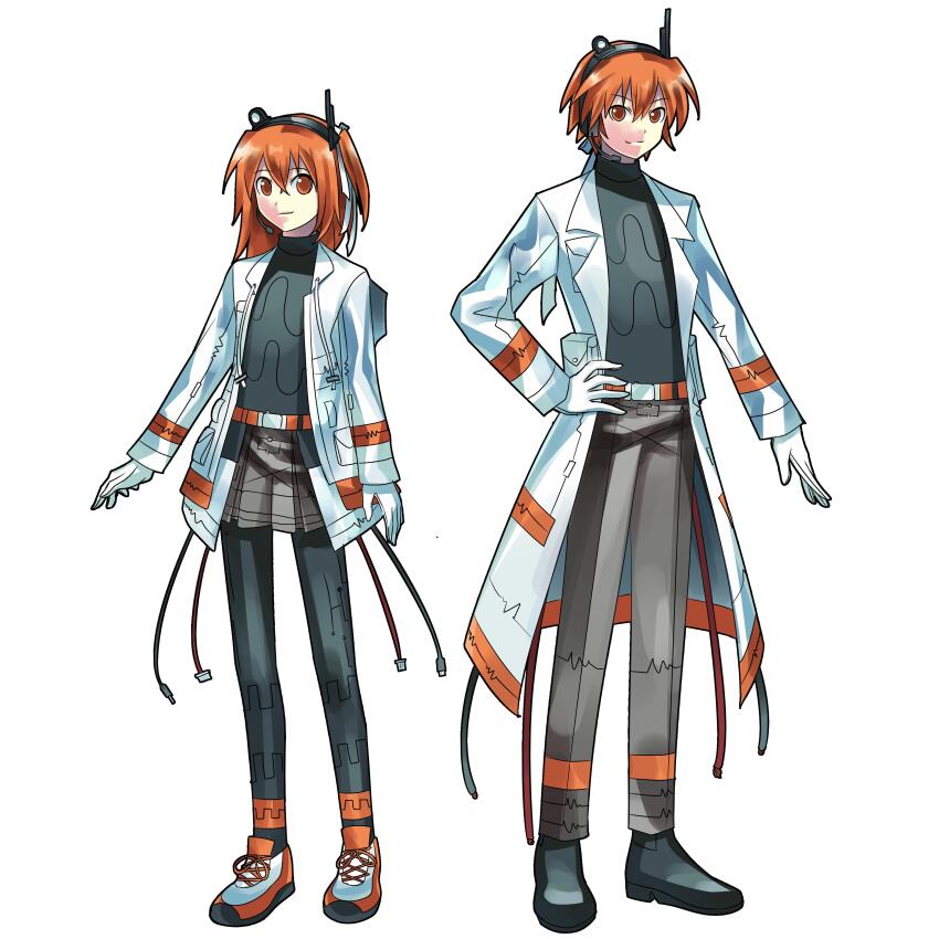 1boy, 1girl, a.i._voice, absurdres, adachi_rei, arm_at_side, belt, black_pantyhose, black_shoes, black_sweater, coat, commentary, d_h_giang, english_commentary, genderswap, genderswap_(ftm), gloves, grey_pants, grey_shorts, hair_ribbon, hand_on_own_hip, highres, jacket, kei_(keigarou)_(style), long_sleeves, medium_hair, one_side_up, open_clothes, open_coat, open_jacket, orange_belt, orange_eyes, orange_hair, pants, pantyhose, radio_antenna, ribbon, robot, robot_boy, robot_girl, shoes, shorts, sneakers, sweater, turtleneck, turtleneck_sweater, utau, white_background, white_coat, white_gloves, white_jacket, white_ribbon, white_shoes
