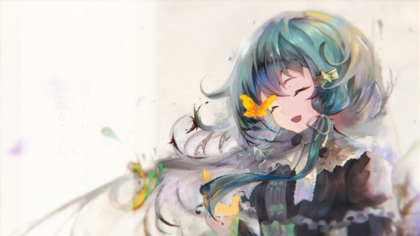 1girl, ^_^, aqua_hair, ascot, black_capelet, black_dress, bow, bow_button, bug, butterfly, capelet, carol_(mementomori), closed_eyes, collared_capelet, commentary_request, dress, eyelashes, floating_hair, frilled_ascot, frills, green_bow, grey_ribbon, hair_between_eyes, hair_ornament, hair_ribbon, hairclip, happy, high_collar, highres, insect, kizuka_kanata, lace-trimmed_capelet, lace_trim, long_hair, long_sidelocks, long_sleeves, mementomori_(game), official_art, open_mouth, petals, pointy_nose, ribbon, second-party_source, sidelocks, smile, solo, star_(symbol), star_hair_ornament, upper_body, white_ascot, white_background, wind, yellow_butterfly