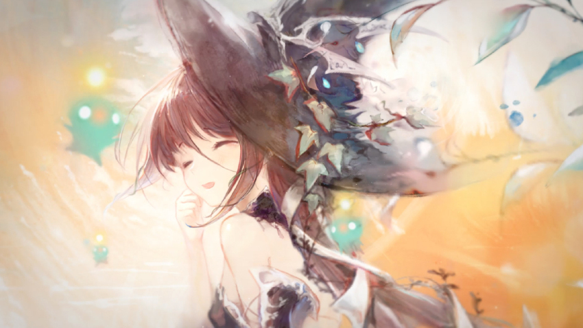 1girl, ^_^, artist_request, backless_dress, backless_outfit, bare_back, bare_shoulders, black_collar, black_dress, black_hat, black_sleeves, brown_hair, closed_eyes, cloud, collar, cross-laced_clothes, cross-laced_sleeves, detached_collar, detached_sleeves, dress, eyelashes, fireflies, frilled_collar, frilled_dress, frills, grey_ribbon, hair_between_eyes, hair_ribbon, hand_on_own_cheek, hand_on_own_face, happy, hat, high_collar, leaf, light_blush, light_particles, long_hair, long_hair_between_eyes, mementomori_(game), merlyn_(mementomori), official_art, open_mouth, orange_sky, outdoors, ribbon, second-party_source, short_sleeves, sky, smile, solo, sunset, upper_body, very_long_hair, witch_hat