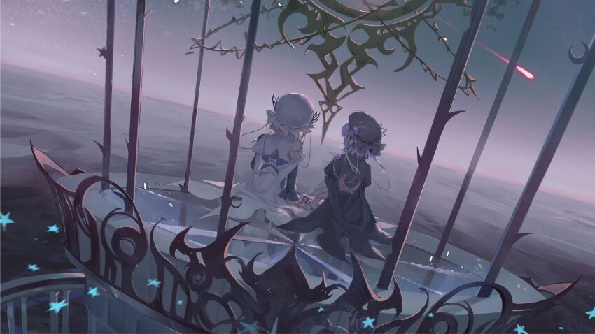 2girls, absurdres, arcaea, beret, black_cape, black_hat, blonde_hair, cage