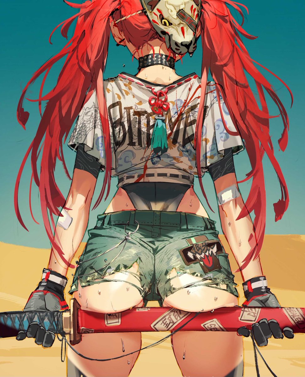 1girl, arms_at_sides, ass, bandaid, bandaid_on_arm, black_thighhighs, blue_shorts, clothes_writing