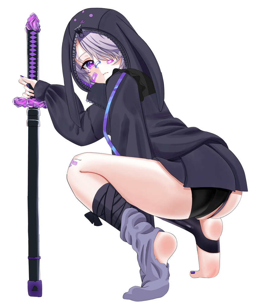 1girl, animal_hood, ass, bandaid, bandaid_on_cheek, bandaid_on_face, bandaid_on_knee, bandaid_on_leg