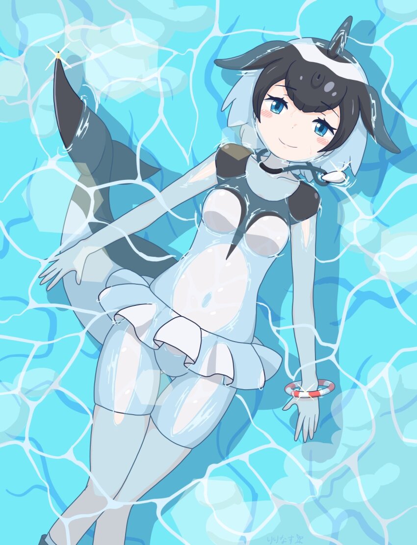 1girl, black_hair, black_one-piece_swimsuit, blowhole, blue_eyes, blush, bracelet, cetacean_tail