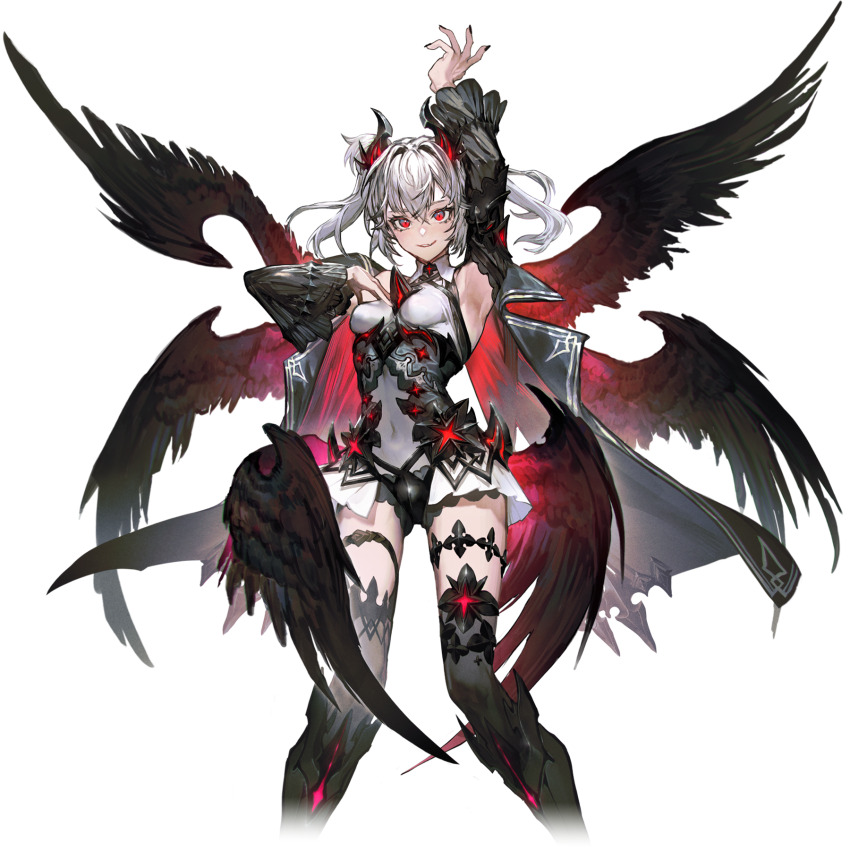 1girl, arcaea, arm_up, bare_shoulders, black_boots, black_cape, black_horns, black_nails