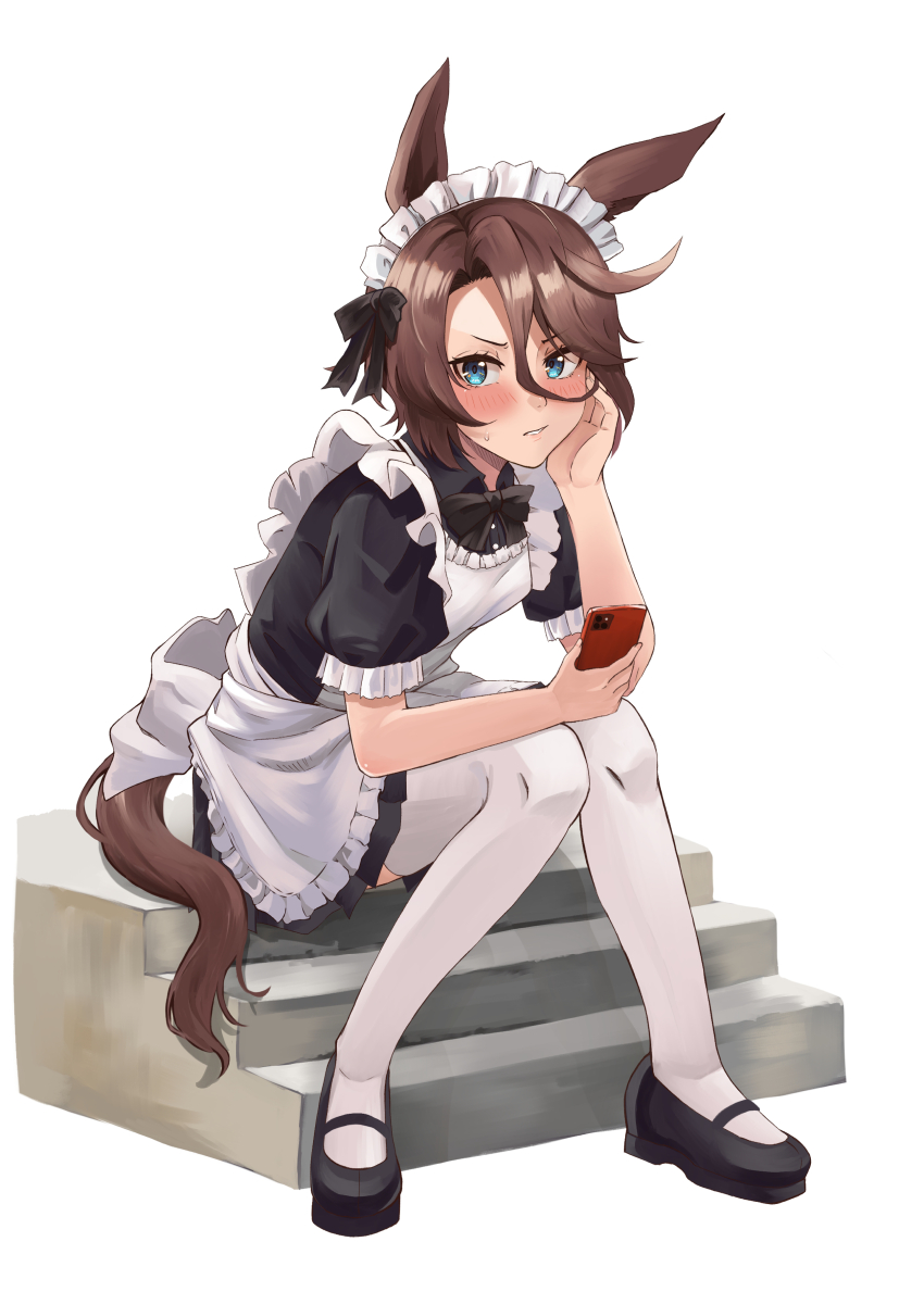 1girl, absurdres, alternate_costume, animal_ears, apron, back_bow, black_bow, black_bowtie