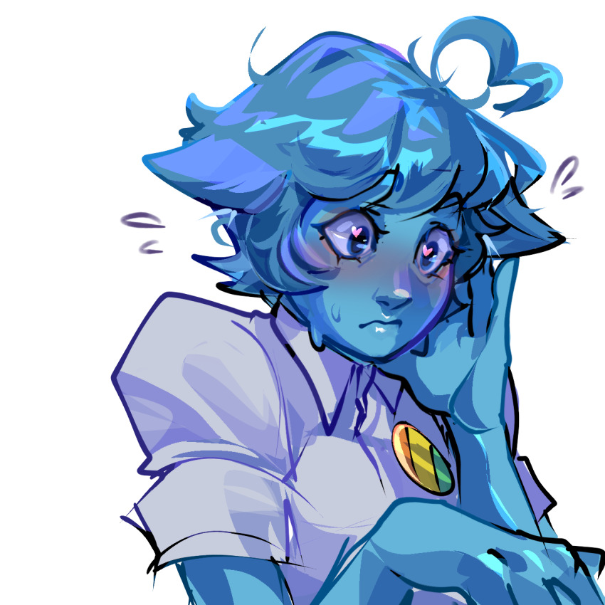 1girl, animal_ears, blue_hair, blue_skin, blush, cat_ears, cat_girl, collared_shirt