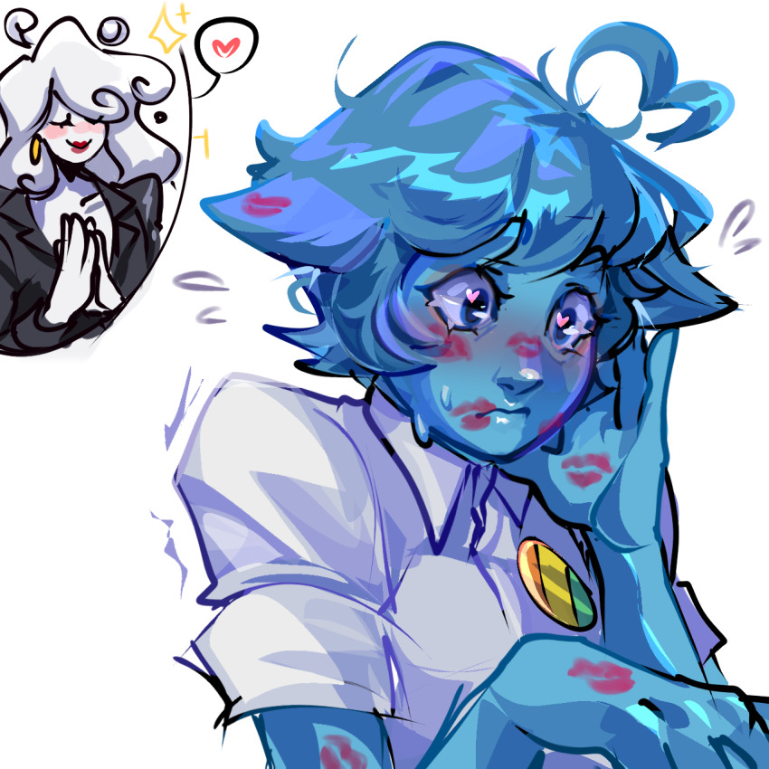 animal_ears, blue_hair, blue_skin, blush, cat_ears, cat_girl, cloud_hair, collared_shirt, colored_skin, crying_anabell, highres, lipstick, lipstick_mark, lipstick_mark_on_arm, lipstick_mark_on_ear, lipstick_mark_on_face, lipstick_mark_on_hand, lipstick_mark_on_mouth, makeup, multiple_girls, nicole_watterson, nicole_watterson_(the_fury), shirt, short_hair, short_sleeves, the_amazing_world_of_gumball, too_many_lipstick_marks, white_shirt, yuki_yoshida, yuri