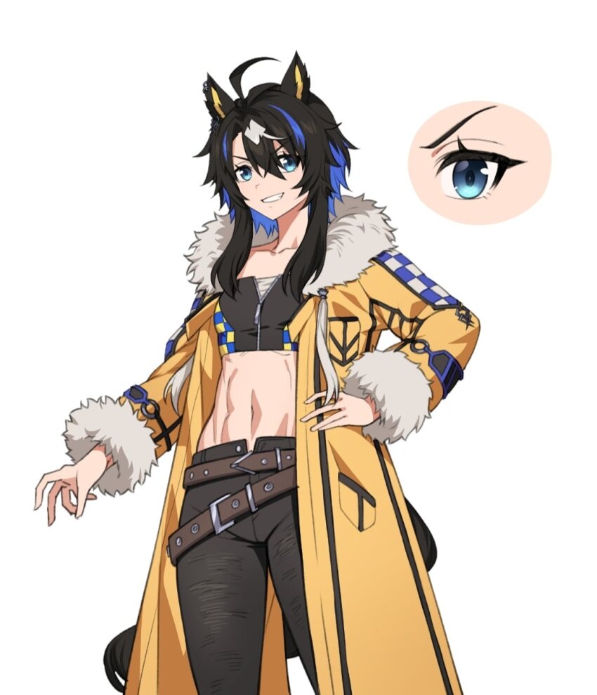 1girl, ahoge, animal_ear_piercing, animal_ears, bandeau, belt, black_bandeau, black_hair