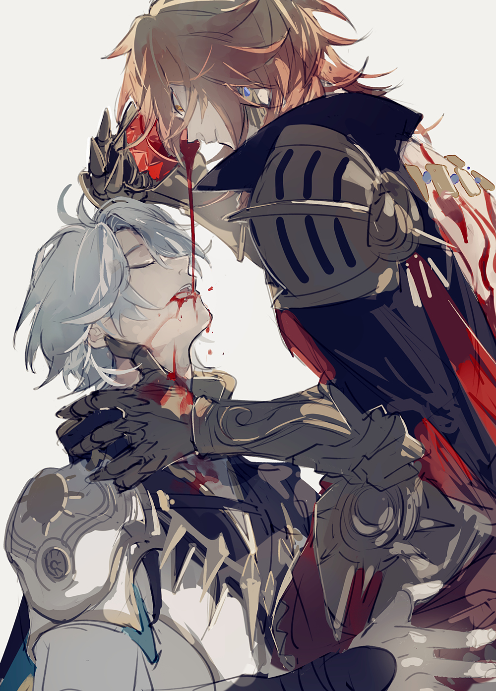 2boys, antenna_hair, armor, back_tattoo, black_choker, black_coat, black_shirt, blonde_hair