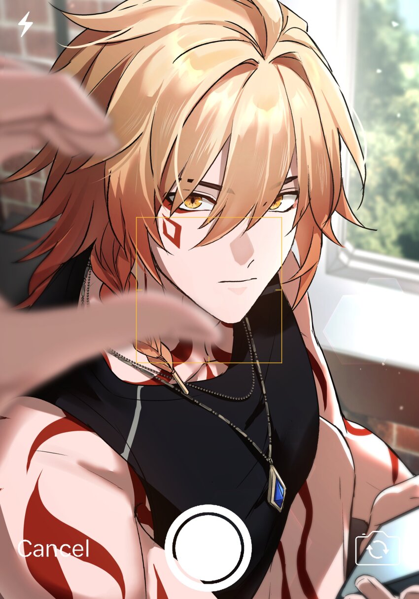 2boys, absurdres, arm_tattoo, b_bcollector, black_shirt, blonde_hair, braid, cellphone