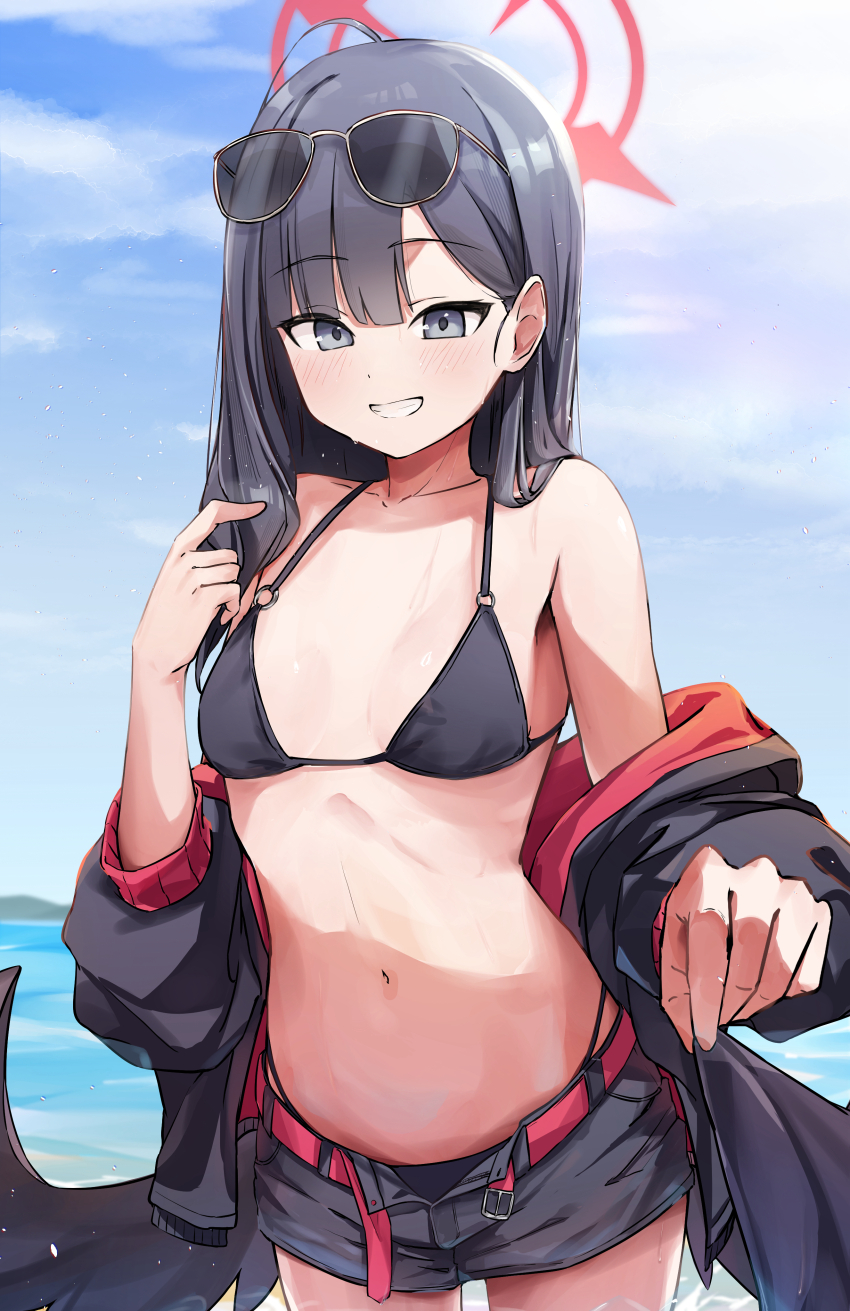 1girl, absurdres, belt, bikini, bikini_bottom_under_shorts, bikini_under_clothes, black_bikini, black_eyes