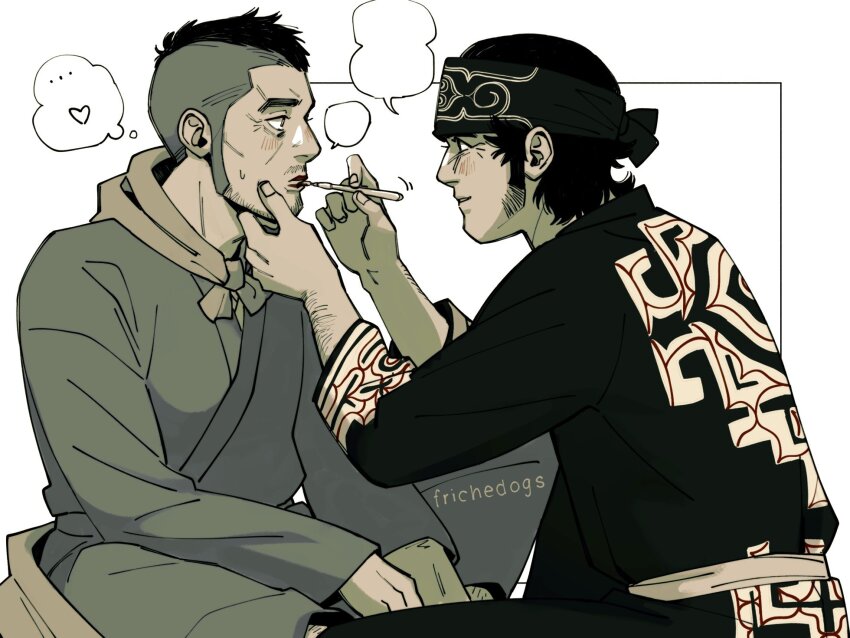 2boys, ainu_clothes, applying_lipstick, applying_makeup, blank_speech_bubble, frichedogs, golden_kamuy, highres
