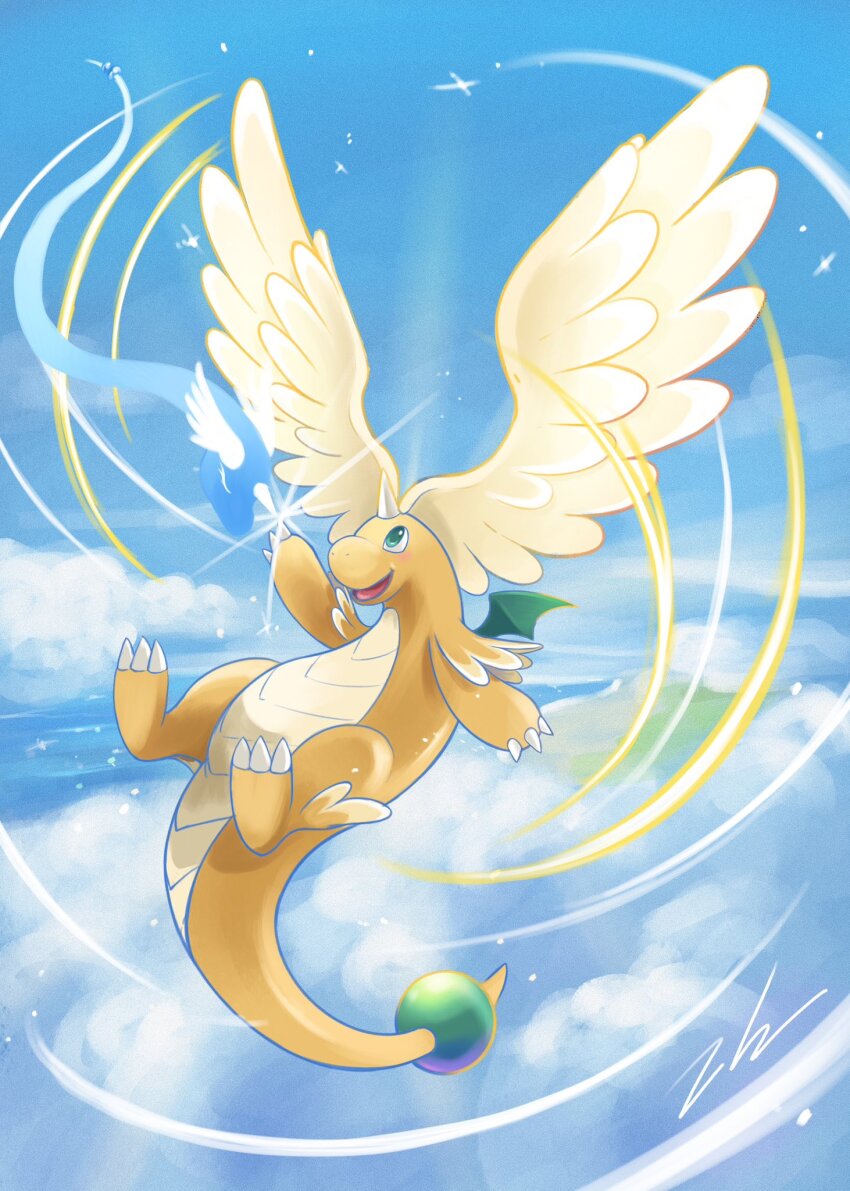 blawn_z, blue_sky, claws, cloud, cloudy_sky, day, dragonair, dragonite