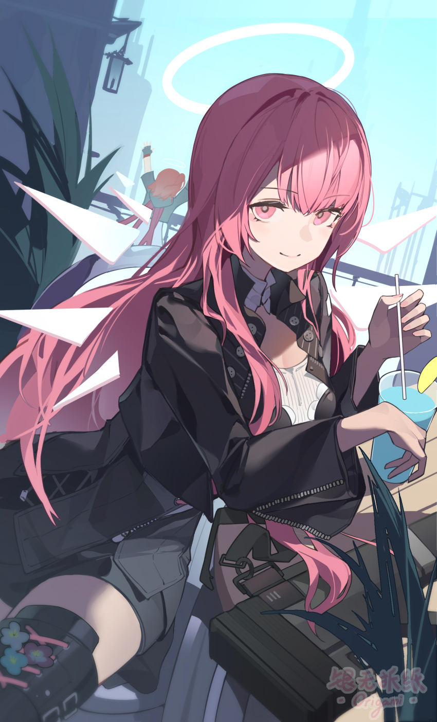 1girl, 2girls, absurdres, arknights, arms_up, artist_name, black_jacket, black_shorts