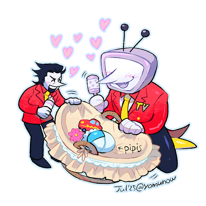 2boys, ant_tenna, artist_name, baby_bottle, basket, black_hair, black_pants, black_shoes