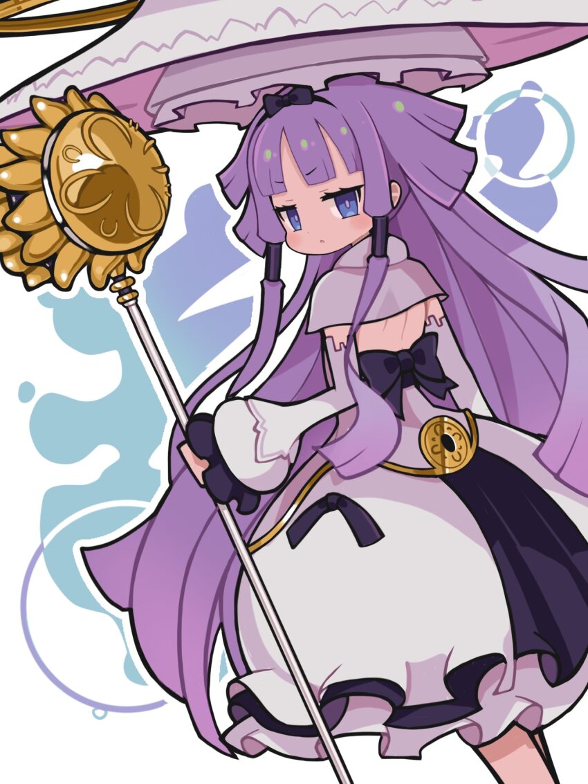 1girl, black_ribbon, bow, capelet, detached_sleeves, dress, frills, from_behind