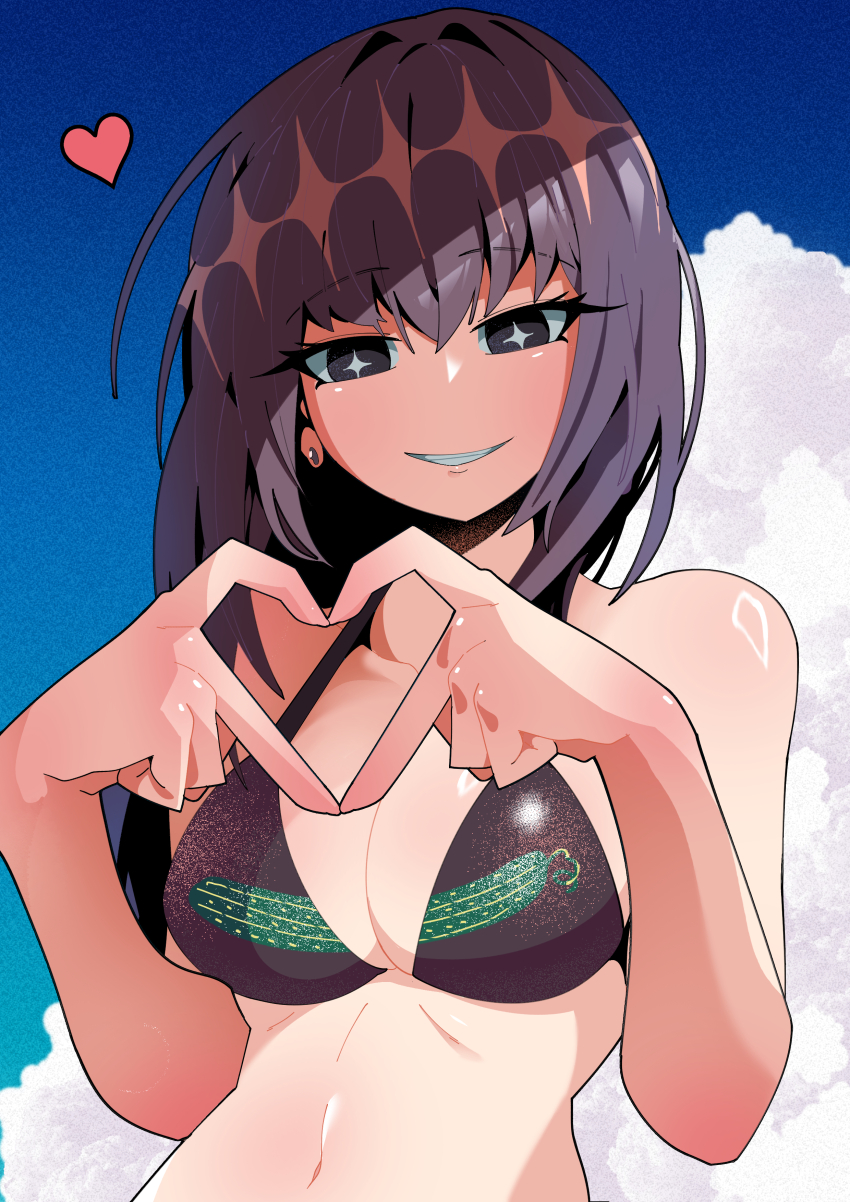 1girl, absurdres, bikini, black_eyes, black_hair, grin, heart, heart_hands