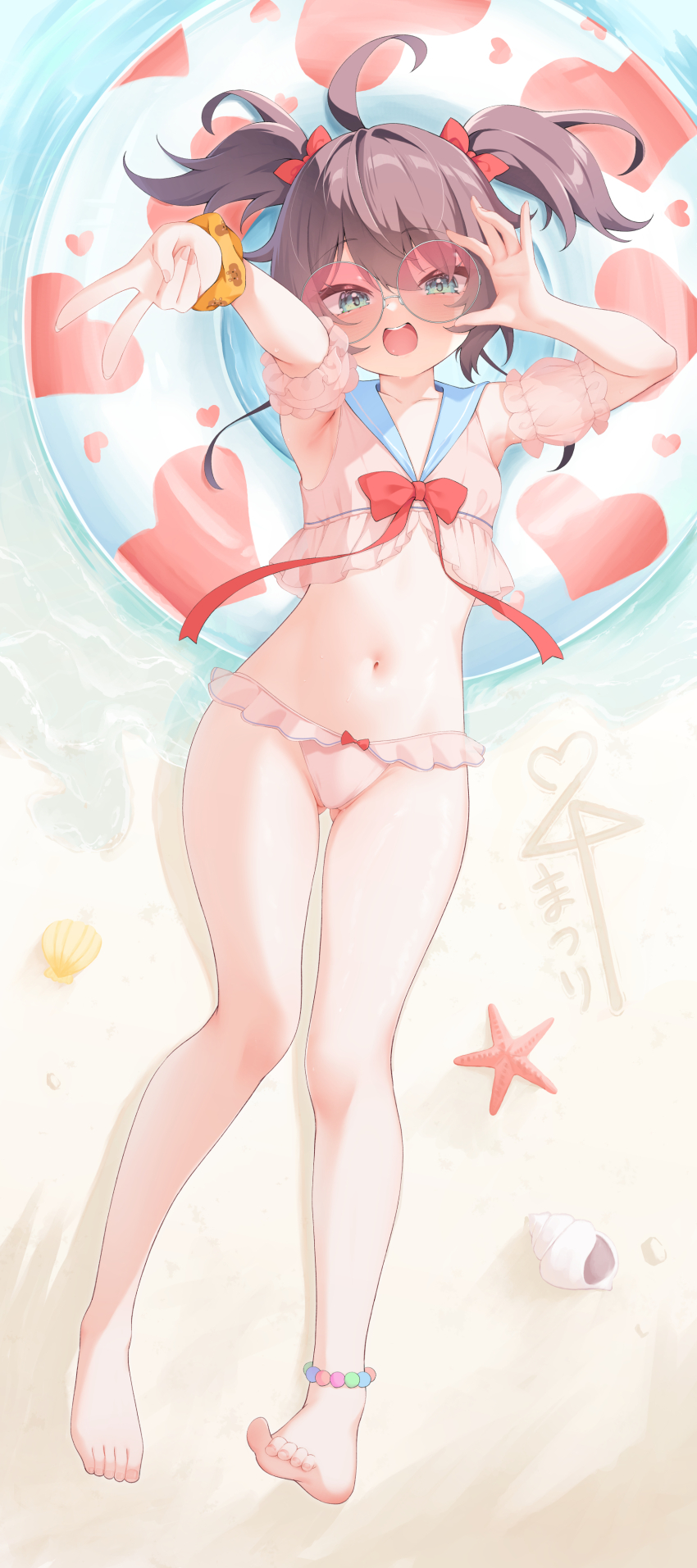1girl, absurdres, ahoge, ai_ai_gasa, armband, barefoot, beach, bikini, blue_sailor_collar, bow, bow_bikini, brown_hair, feet, frilled_armband, frills, full_body, gluteal_fold, hair_bow, heart, highres, hololive, innertube, looking_at_viewer, lying, natsuiro_matsuri, natsuiro_matsuri_(holonatsu_paradise), navel, on_back, open_mouth, pink-tinted_eyewear, red_bow, round_eyewear, sailor_bikini, sailor_collar, scrunchie, seashell, shell, short_hair, soles, solo, starfish, sunglasses, swim_ring, swimsuit, teeth, tinted_eyewear, toes, two_side_up, upper_teeth_only, virtual_youtuber, water, wrist_scrunchie, yellow_scrunchie, yoshie_eneko