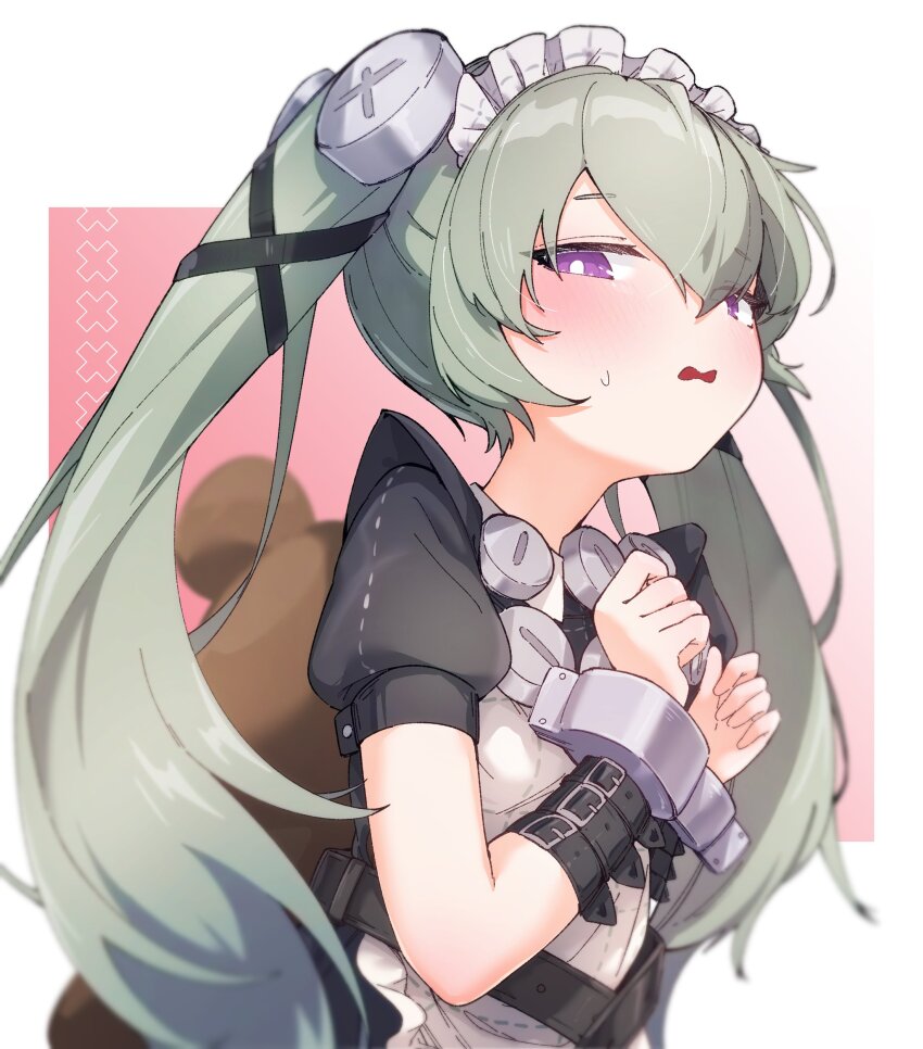 1girl, absurdres, apron, black_dress, black_ribbon, blush, commentary, corin_wickes