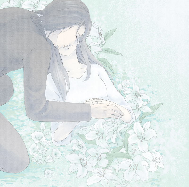 10s, 1boy, 1girl, bad_id, bad_pixiv_id, brown_hair, death, dress, facial_hair, flower, formal_clothes, funeral, hetero, husband_and_wife, kaburagi_t._kotetsu, kaburagi_tomoe, kanamasino, kiss, lilies, lily_(flower), long_hair, short_hair, stubble, suit, tiger_&amp;_bunny