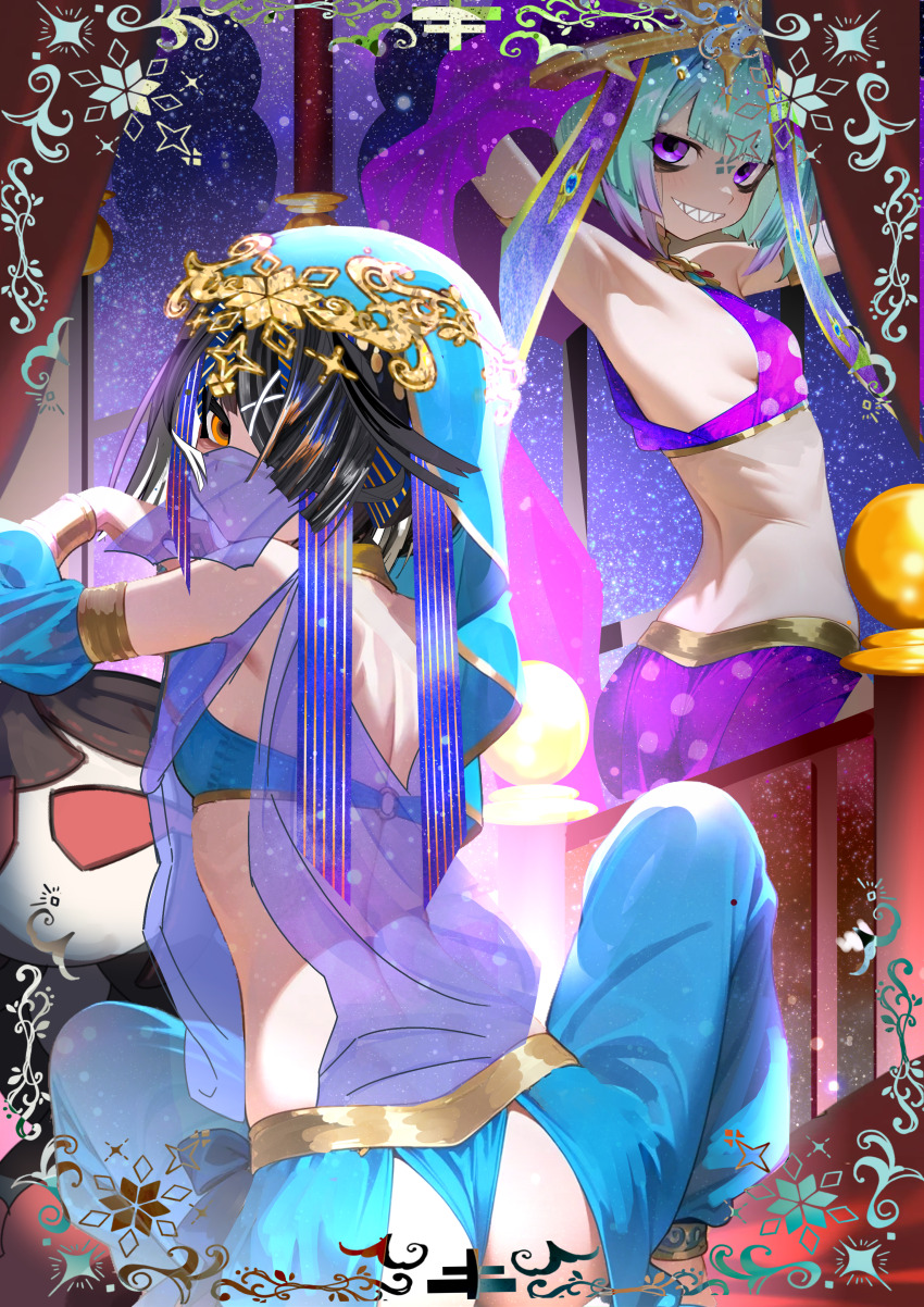 2girls, absurdres, arabian_clothes, ass, black_hair, breasts, character_doll, dancer