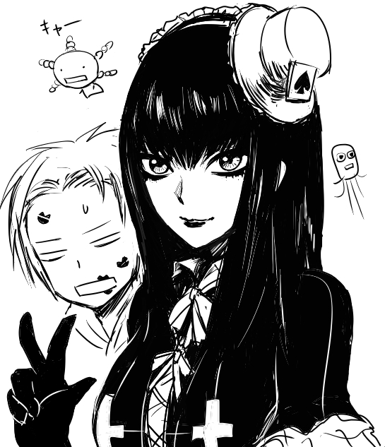 2boys, crossdressing, crossdressing_(mtf), gloves, goth_fashion, greyscale, male_focus, monochrome