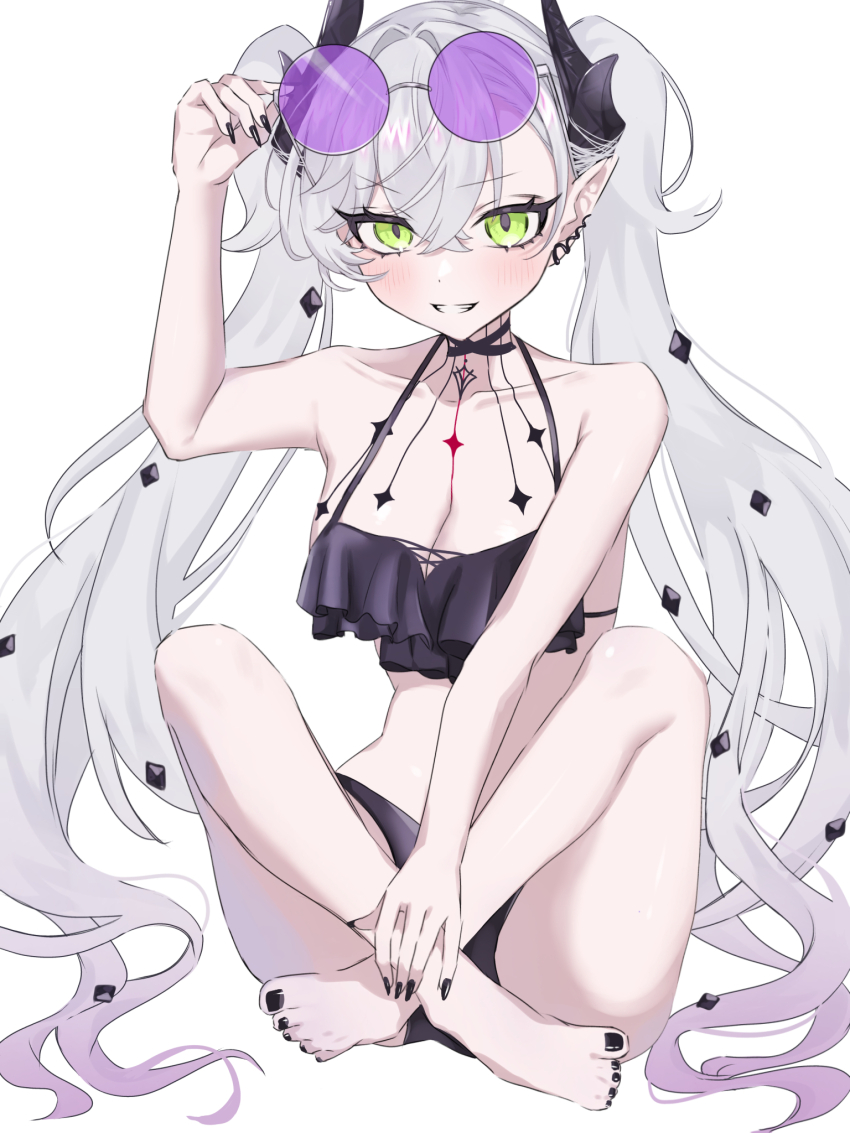 1girl, 590kogure590, barefoot, bikini, black_bikini, blush, body_markings, breasts