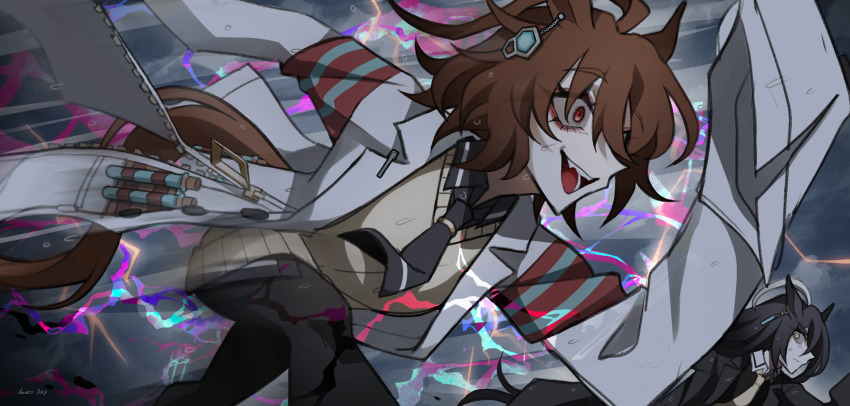 2girls, agnes_tachyon_(tach-nology)_(umamusume), agnes_tachyon_(umamusume), ahoge, anies_only, black_coat, black_necktie, black_pantyhose